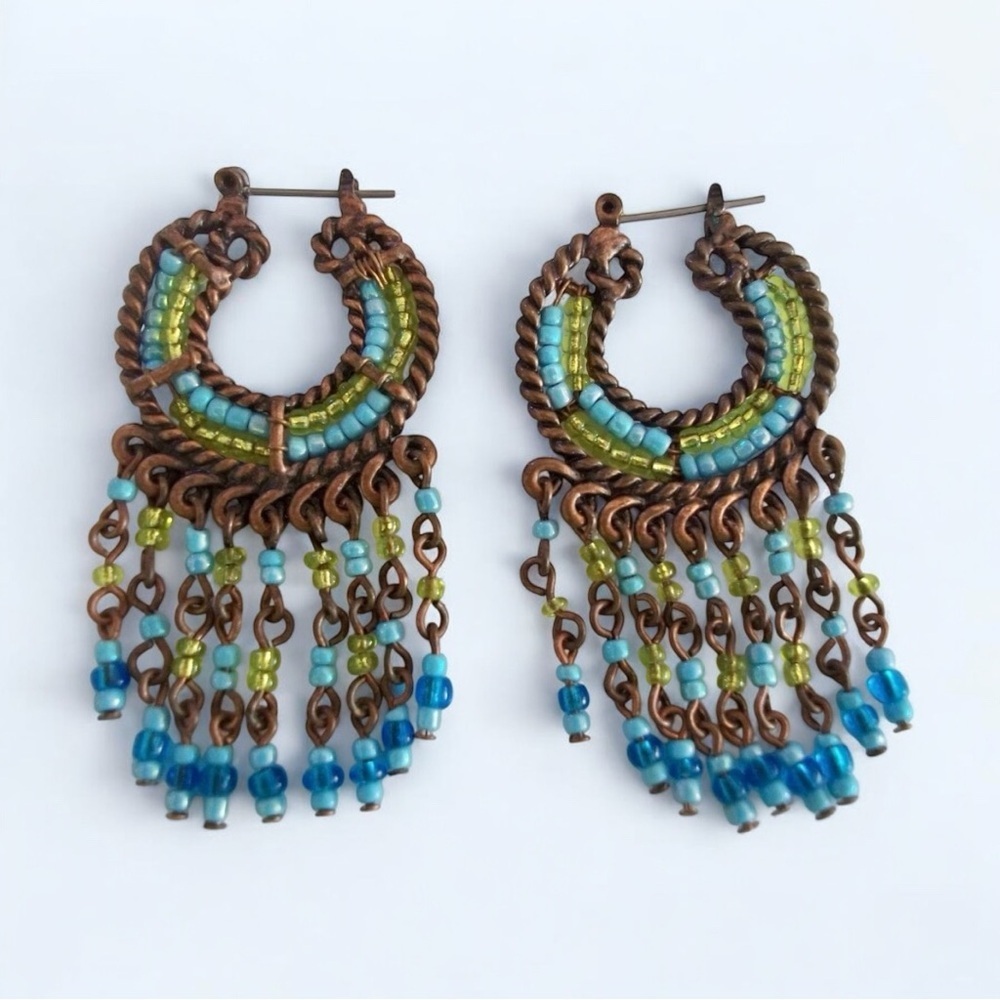 Vintage Southwest Turquoise Bead Hoops Dangle Earrings Chandelier Boho Earrings - Picture 2 of 9
